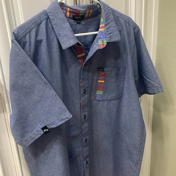 LRG Free Bricks woven blue button up casual shirt size 2XL short sleeve XXL - Picture 2 of 9